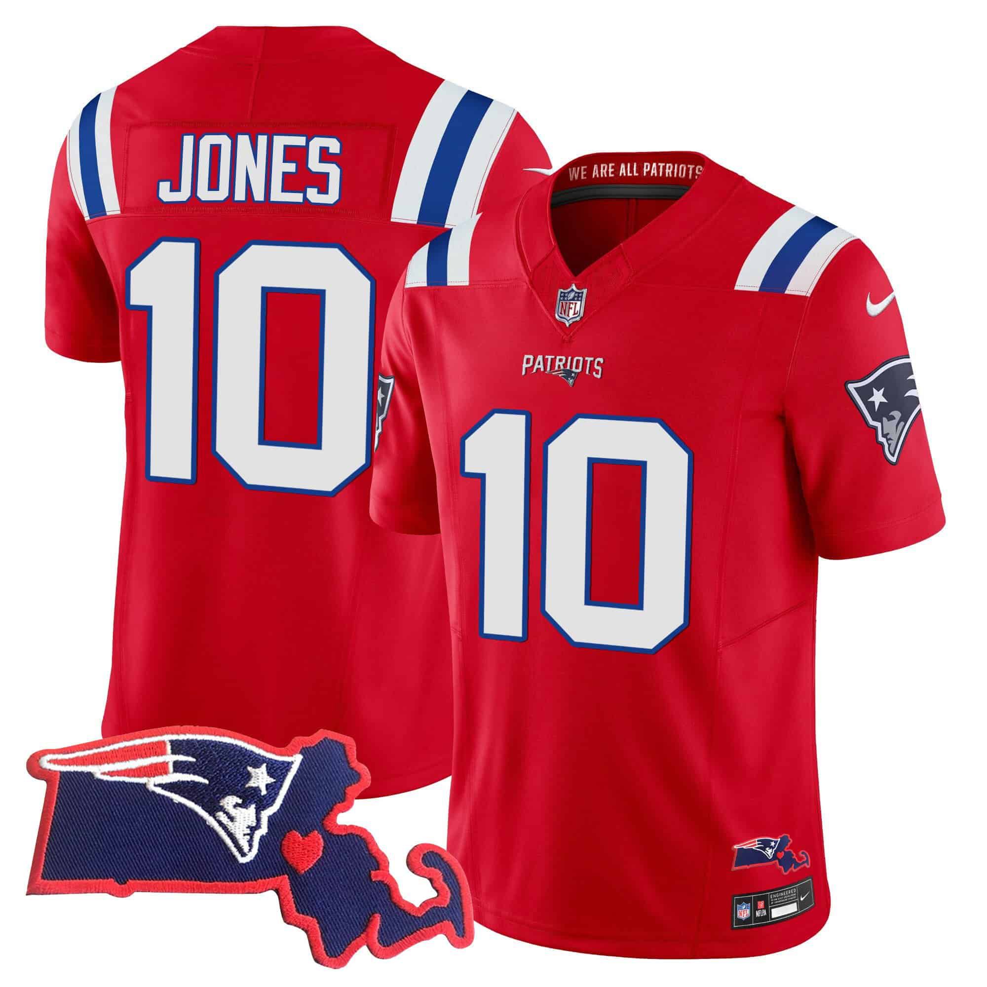 Men New England Patriots #10 Jones Red 2024 Nike Patch Vapor Limited NFL Jersey